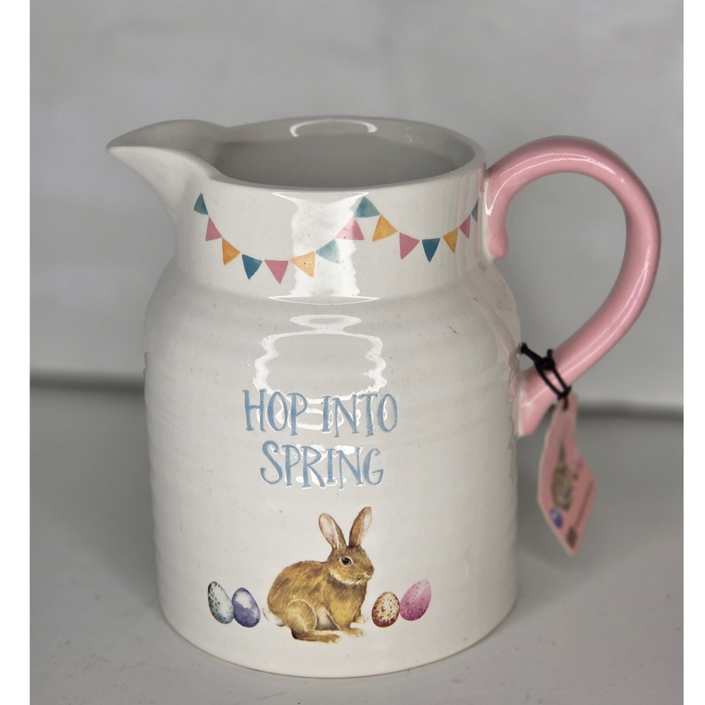 Spring Easter Bunny Stoneware Pitcher Vase Jug Pink Handle Crock Utensil Holder‎